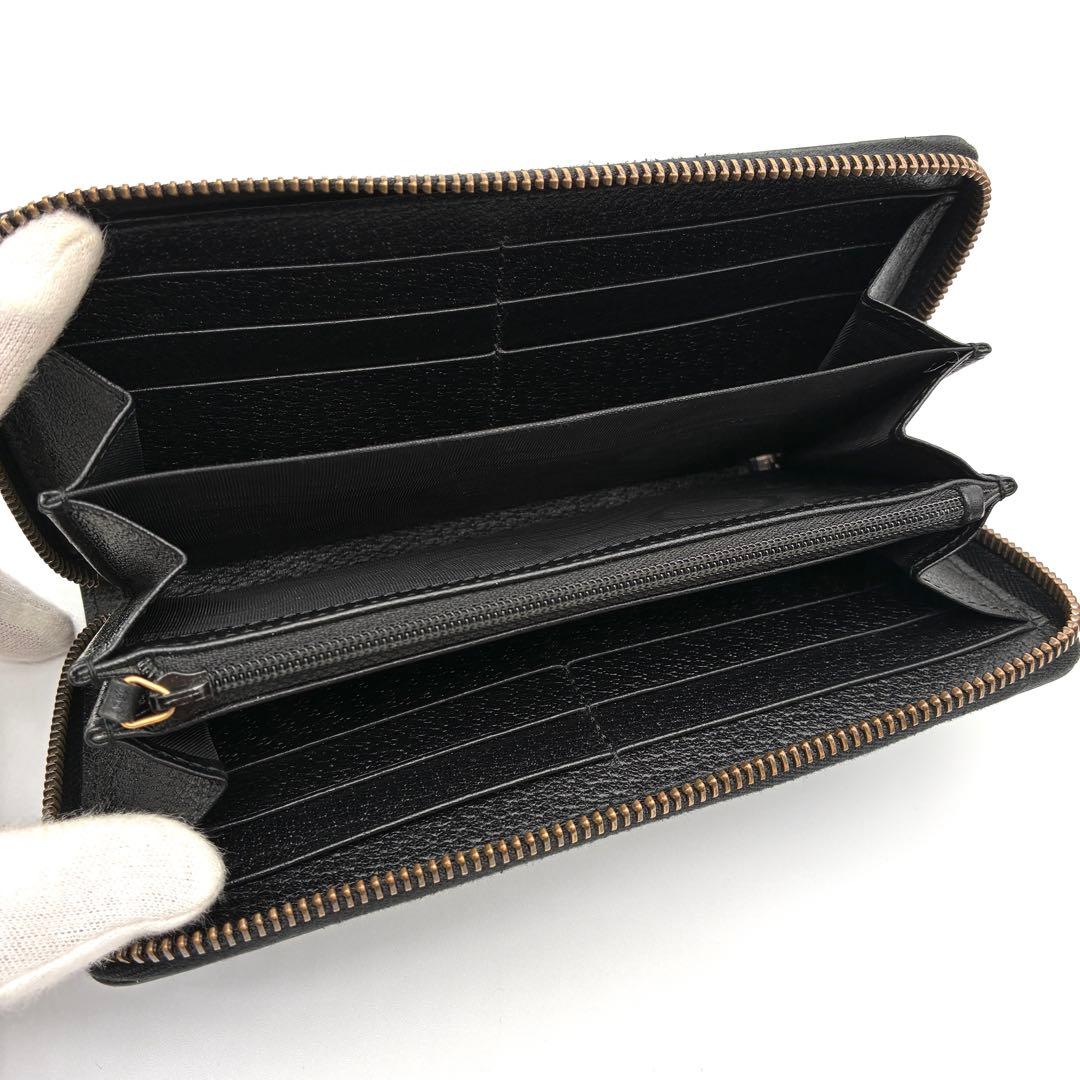 未使用に近い グッチ 長財布 シェリーライン ロゴ レザー ラウンドジップ 黒