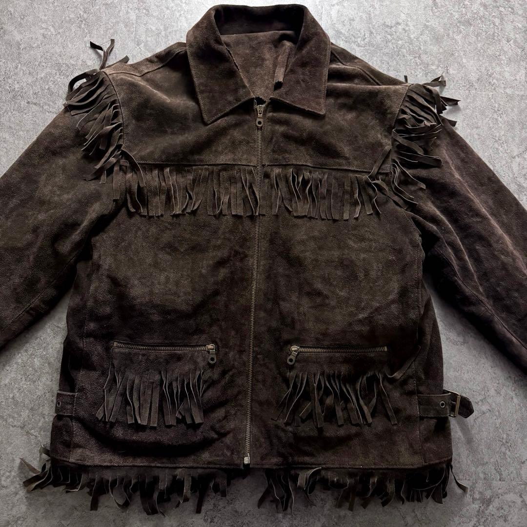 vintage レザージャケット　ウエスタン　フリンジ　ギミック　イタリア製　L
