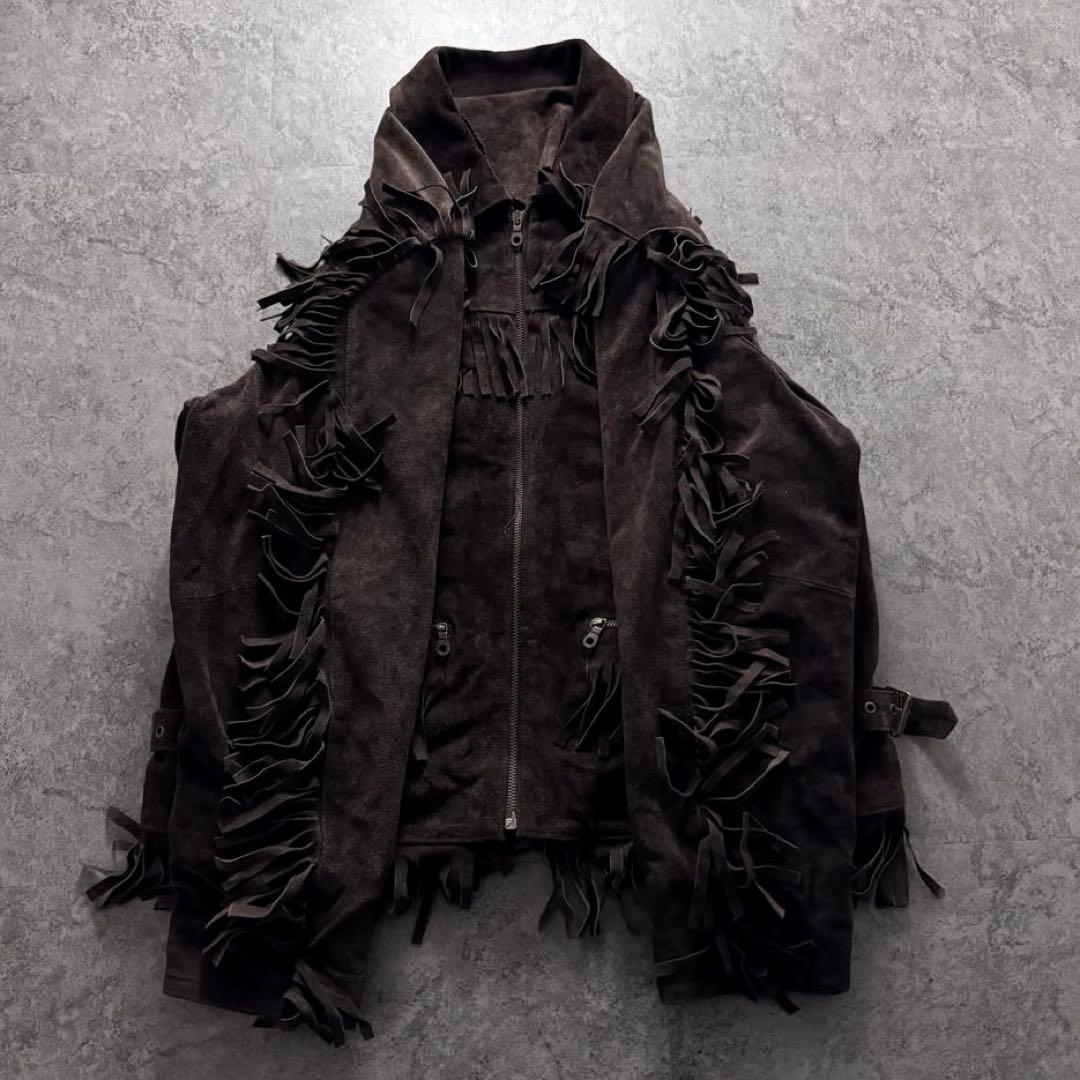 vintage レザージャケット　ウエスタン　フリンジ　ギミック　イタリア製　L