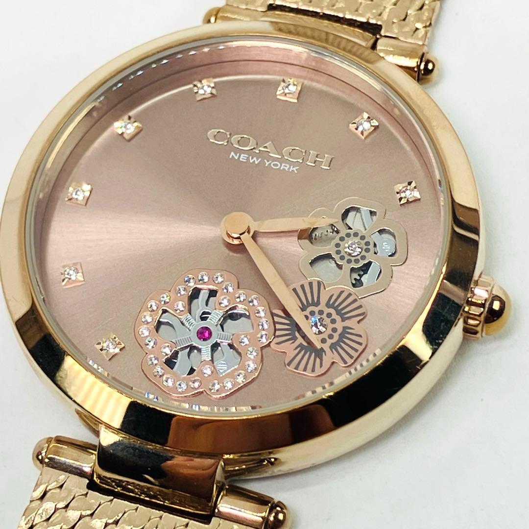 美品 コーチ ラインストーン付 花柄 レディース腕時計 ピンクゴールドカラー