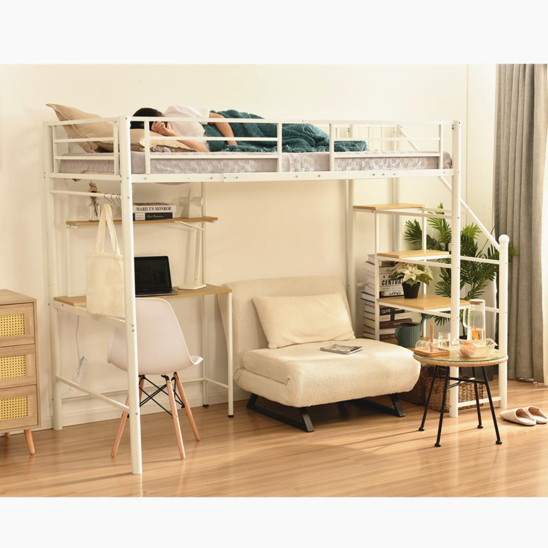ロフトベッド シングル 階段付き パイプベッド デスク付 北欧風 コンセント付