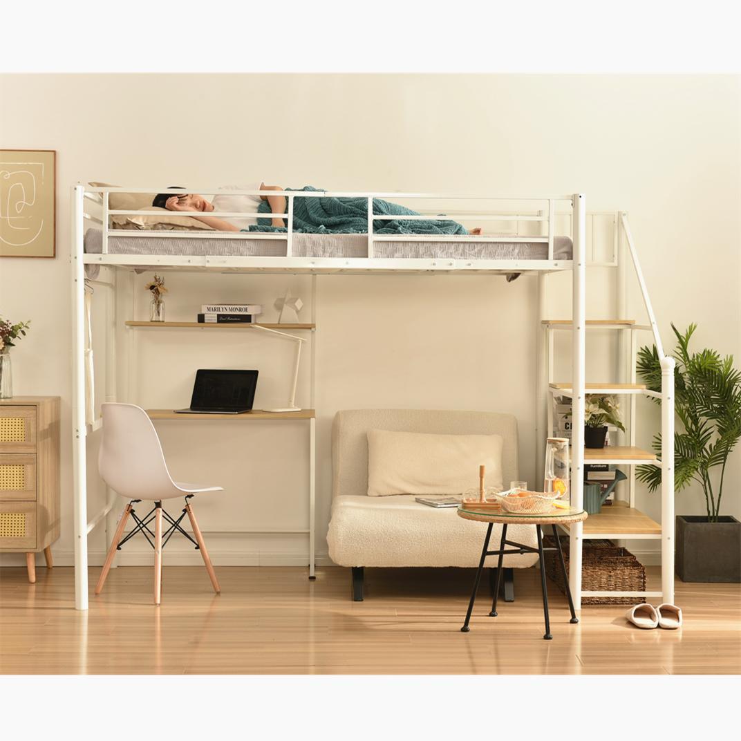 ロフトベッド シングル 階段付き パイプベッド デスク付 北欧風 コンセント付