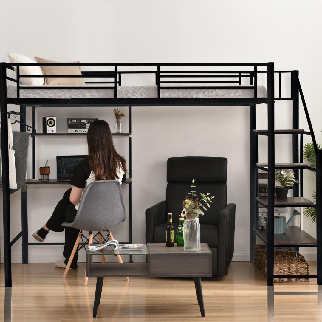 ロフトベッド シングル 階段付き パイプベッド デスク付 北欧風 コンセント付