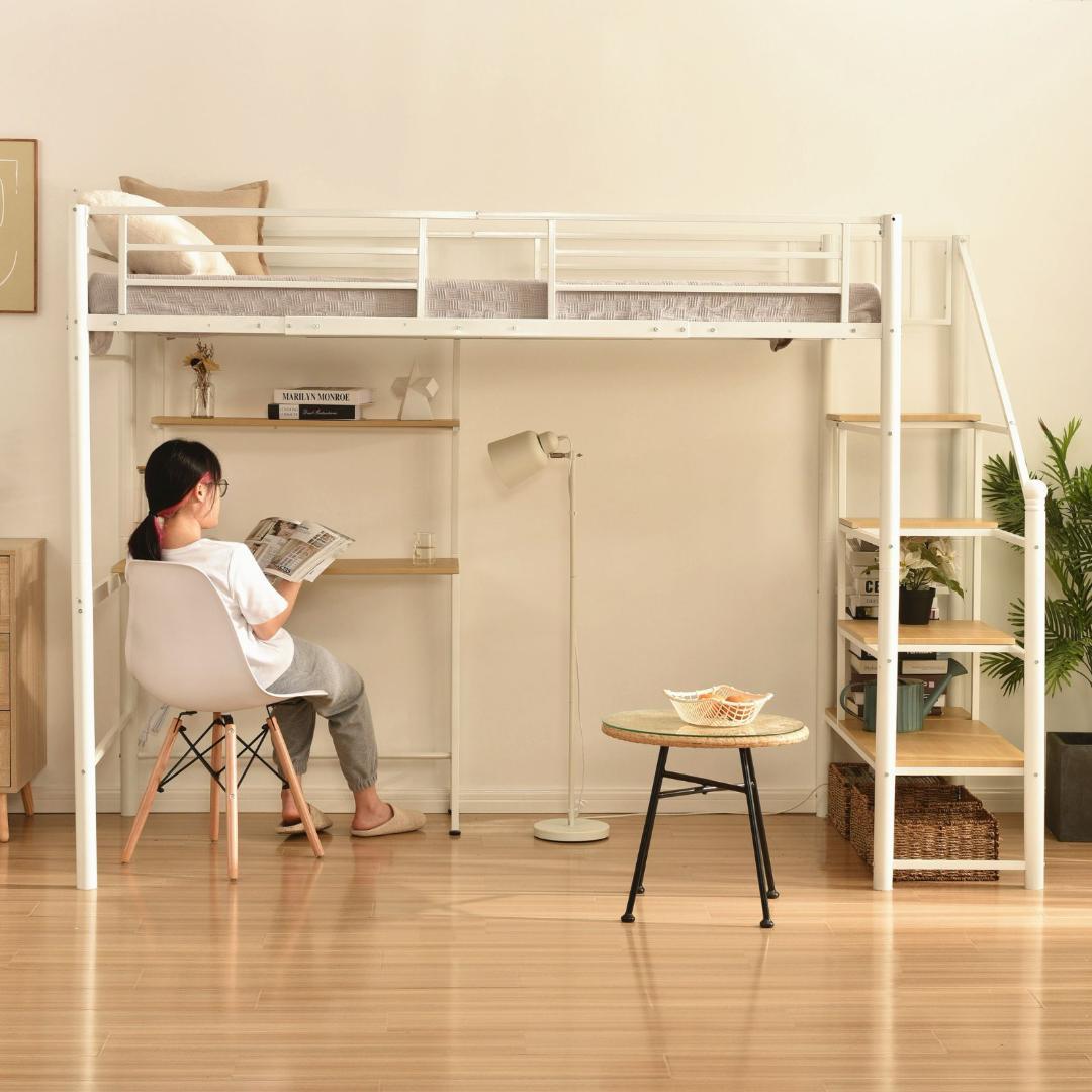ロフトベッド シングル 階段付き パイプベッド デスク付 北欧風 コンセント付