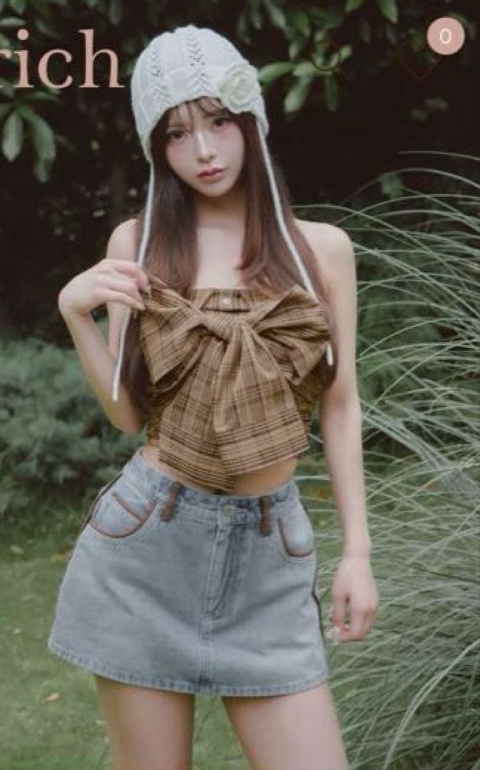 【値下げ】タータンチェックリボンベアトップ ダーリッチ BEG darich