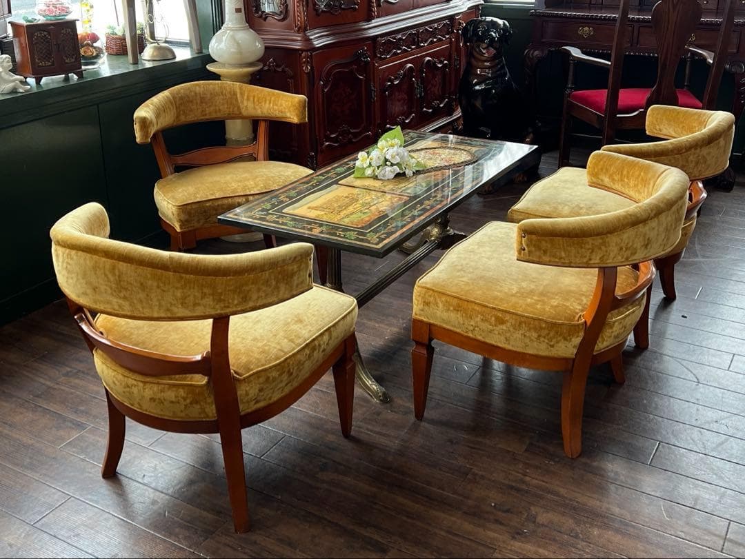 k210r124 ビンテージイエロー ベルベットのタブチェア サロンチェア 4脚