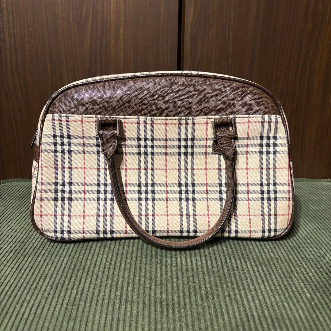 【美品】バーバリー ミニボストン ワンマイルバッグ ノバチェック レザー 茶