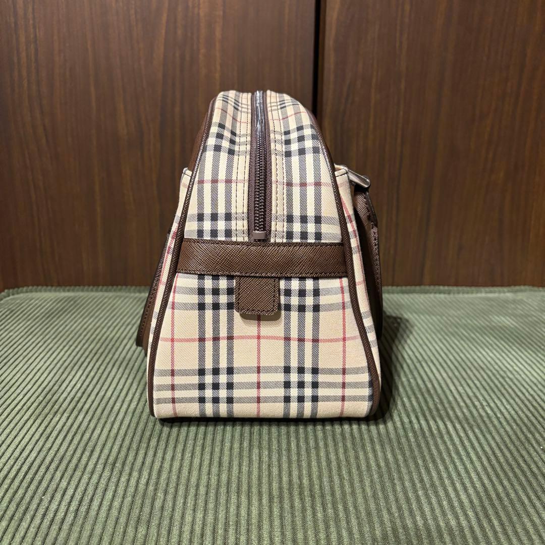 【美品】バーバリー ミニボストン ワンマイルバッグ ノバチェック レザー 茶