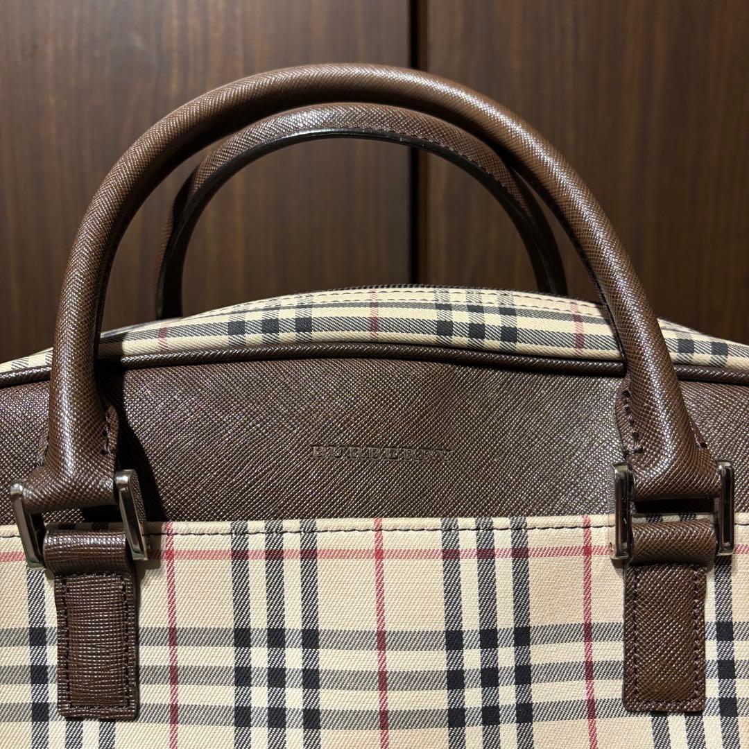 【美品】バーバリー ミニボストン ワンマイルバッグ ノバチェック レザー 茶