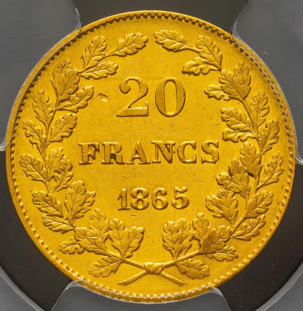 PCGS-AU50 ベルギー王国 20フラン 1865 レオポルド１世 金貨