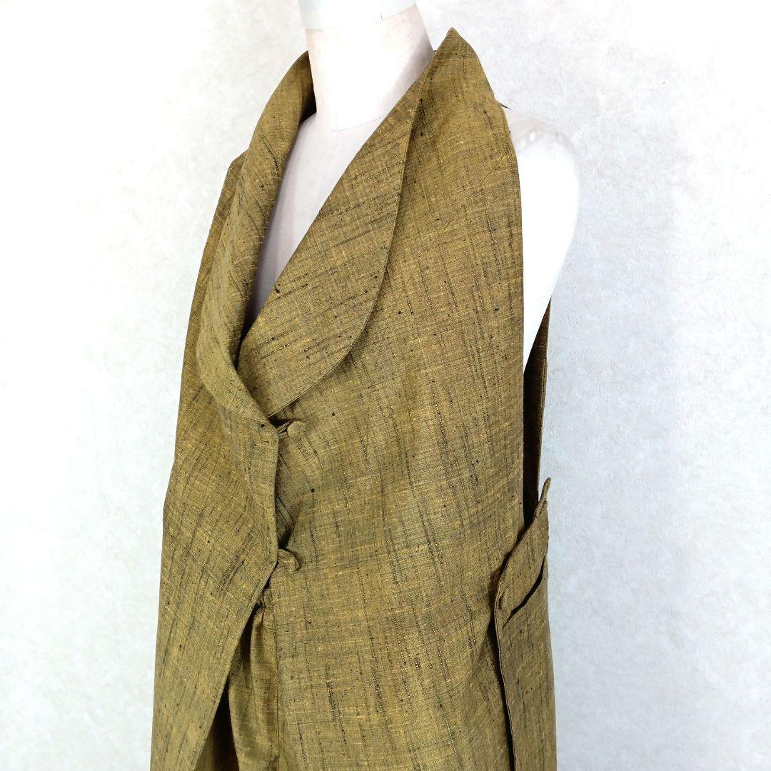75　手染め大輔　着物リメイク　若草色紬　ロングベストとパンツ　L〜フリーサイズ