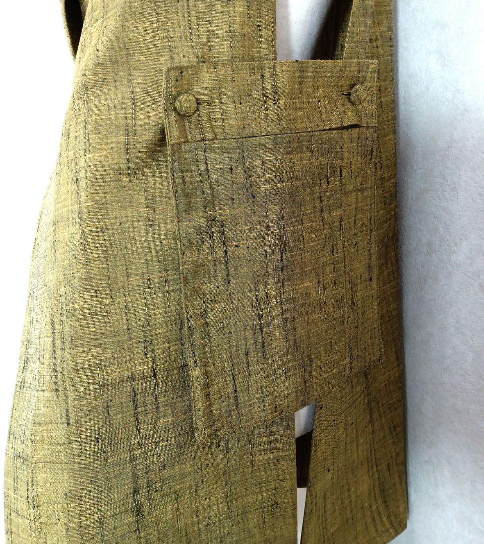 75　手染め大輔　着物リメイク　若草色紬　ロングベストとパンツ　L〜フリーサイズ