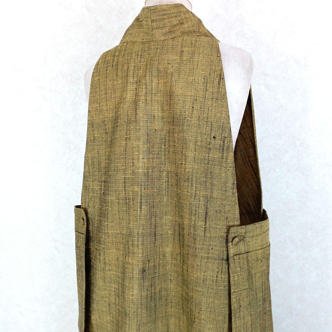 75　手染め大輔　着物リメイク　若草色紬　ロングベストとパンツ　L〜フリーサイズ
