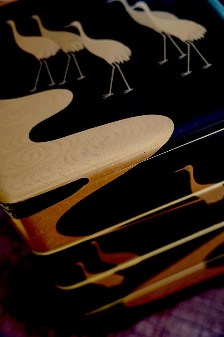 輪島塗　蒔絵師　庄峰　蓬莱蒔絵　四段重箱　重台付