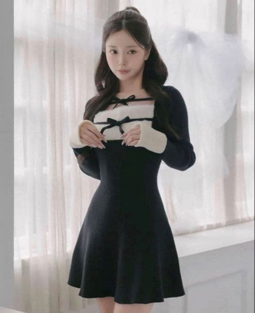 Darich ダーリッチ リボンファーフレアニットミニワンピース BLACK