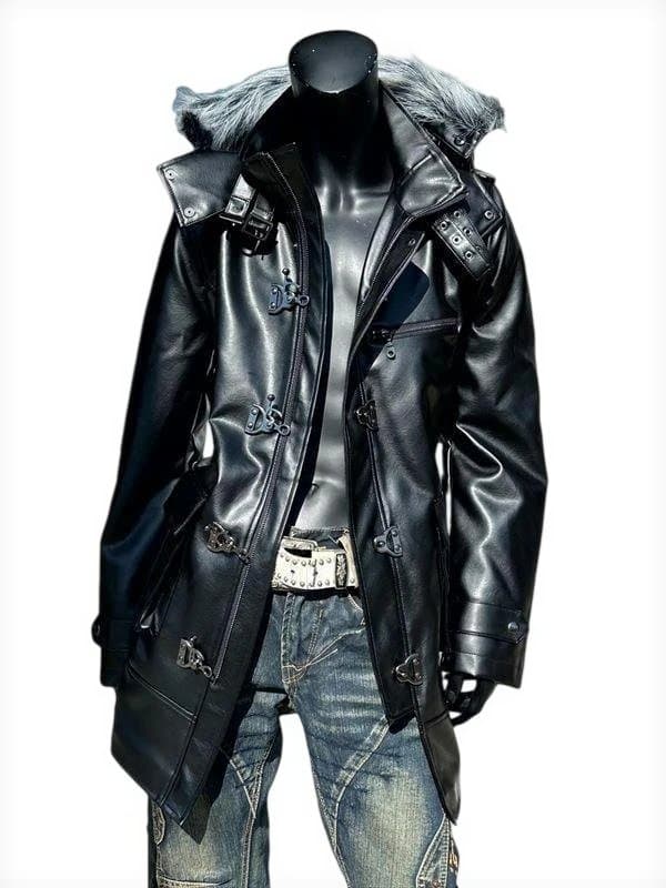 PUレザー セミロング ファーコート★ブラック★L