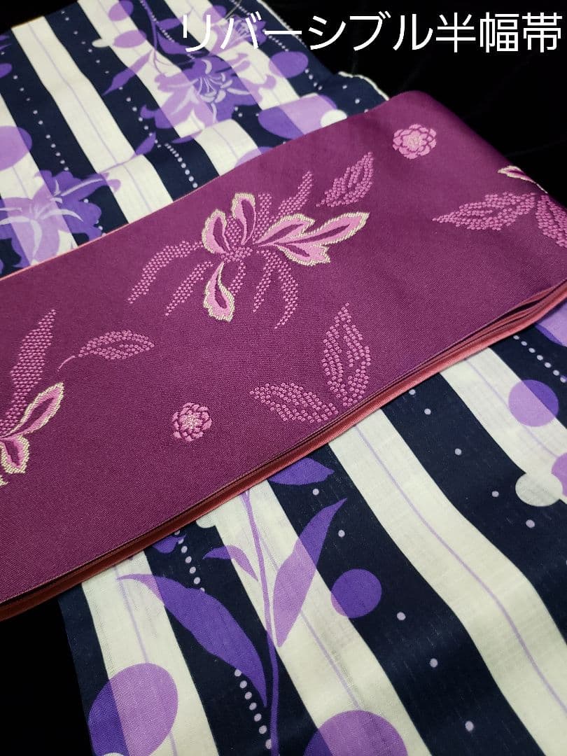 オール新品■変わり織，水玉×百合の花模様大人浴衣，半幅帯，特別帯留め付４点セット