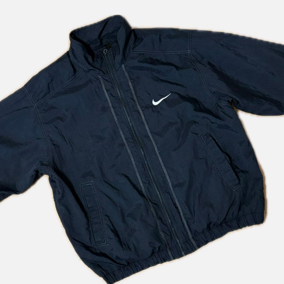 90s NIKE 無地 ナイロンジャケット 白タグ M 黒 刺繍ロゴ
