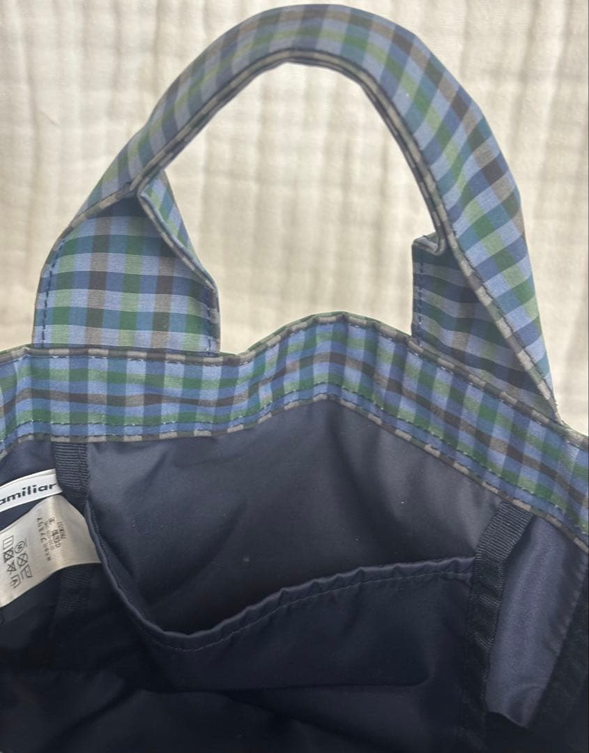 ファミリア青チェックリボン付手提げバッグ