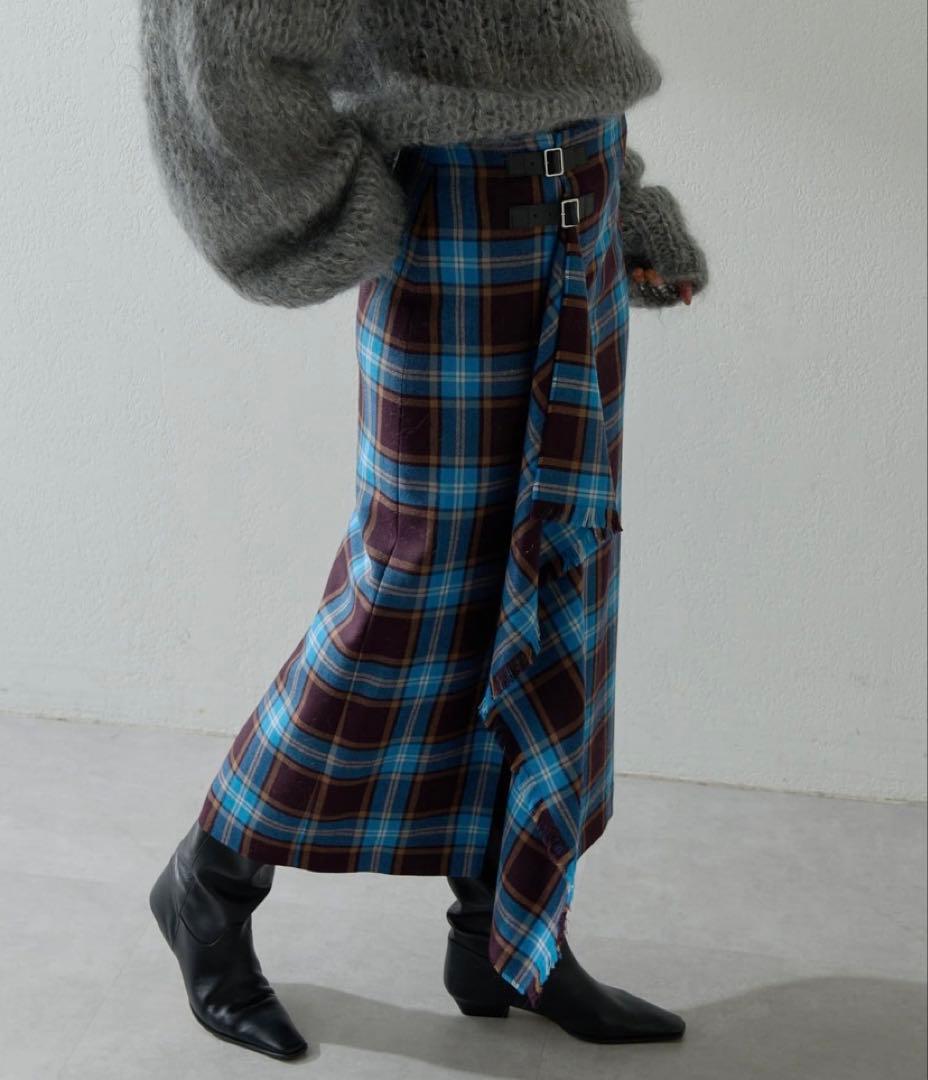 2025AW 新品【Whim Gazette】チェックフリンジスカート　ブルー
