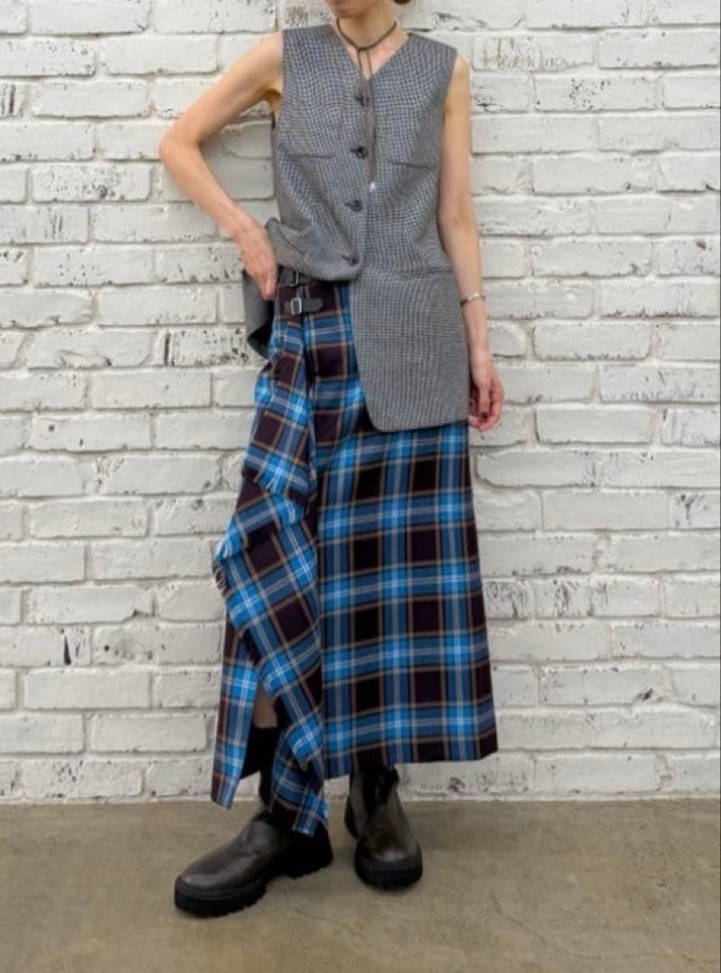 2025AW 新品【Whim Gazette】チェックフリンジスカート　ブルー