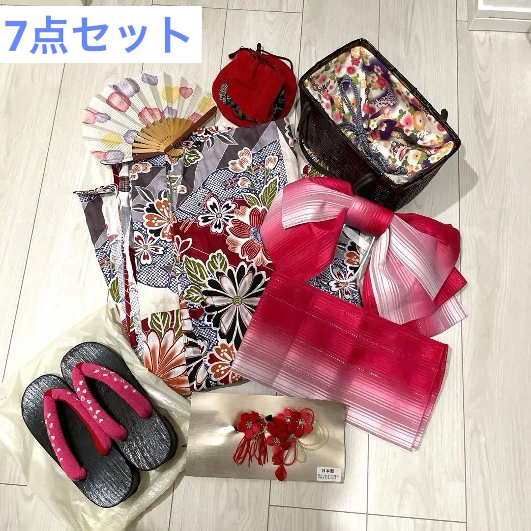 浴衣セット　7点　和モダン赤系　浴衣　帯　下駄　扇子　かごバッグ　巾着　髪飾り