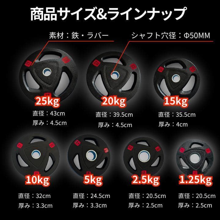 ★新品・送料無料★バーベルプレート計105kgセット 50mm ラバープレート