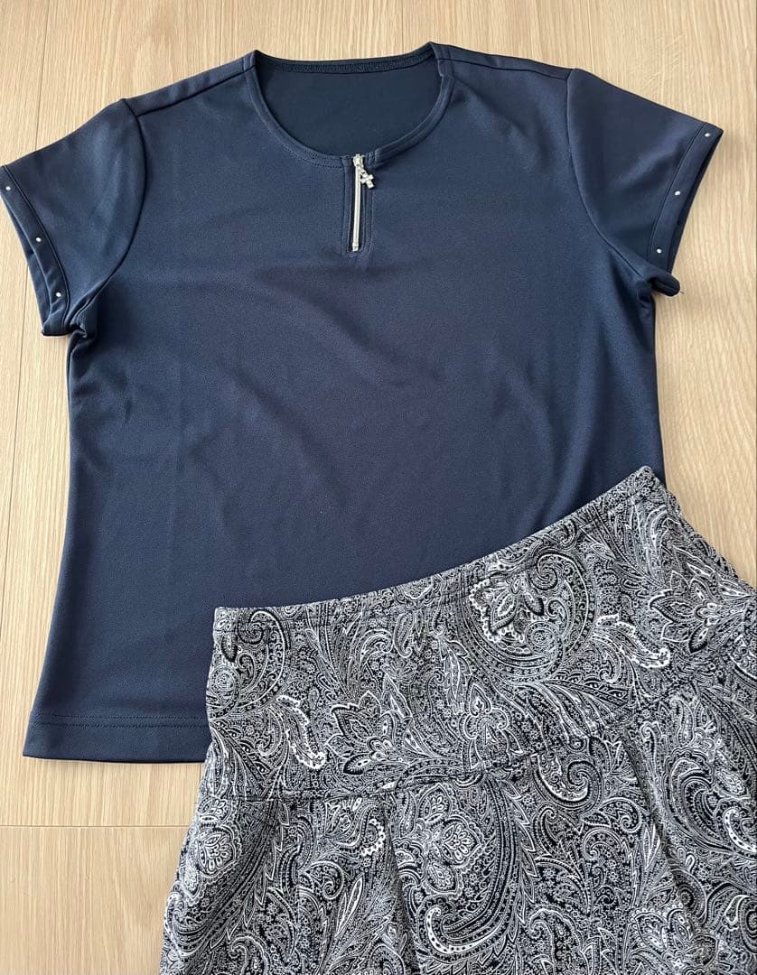 L'oetufルフ ネイビーラインストーンシャツペイズリー柄スコートセットアップ