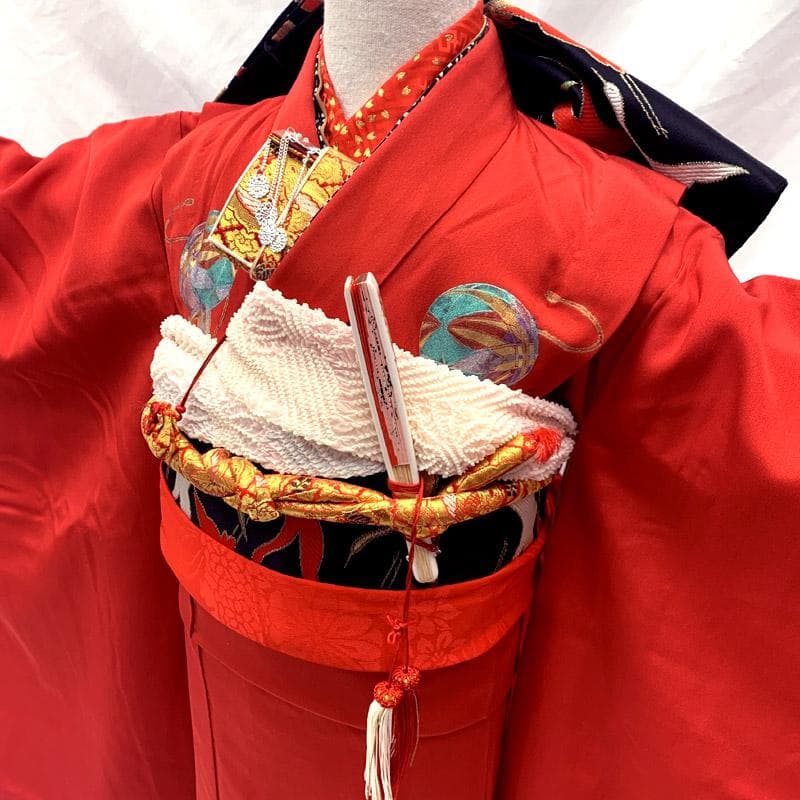 511ag59■七五三 七歳 女児 着物&袋帯&長襦袢 手鞠 駒 赤■美品