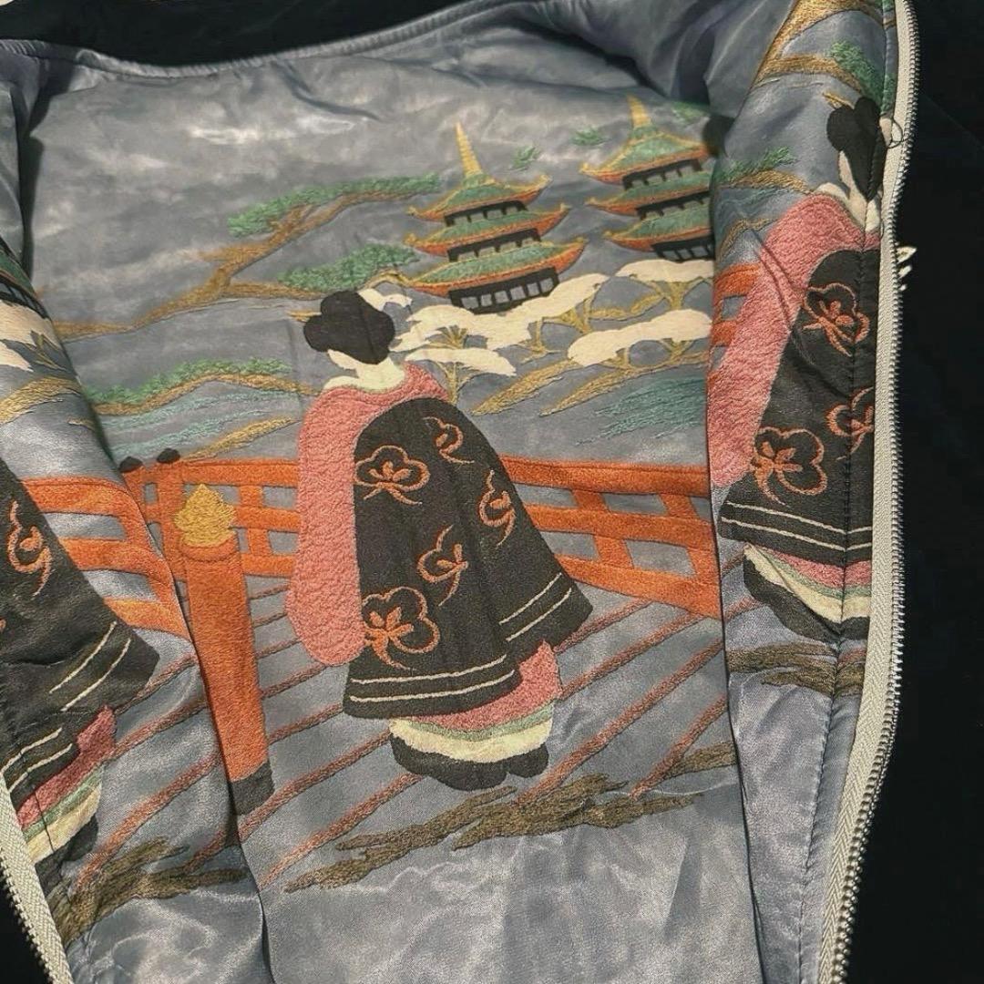 【中綿ブルゾン】刺繍ドラゴンと鷲のベルベットジャンパー 紺2XL