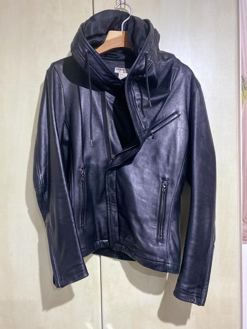 キャサリンハムネット ラムレザー フーディー パーカー 黒 フード　Mサイズ