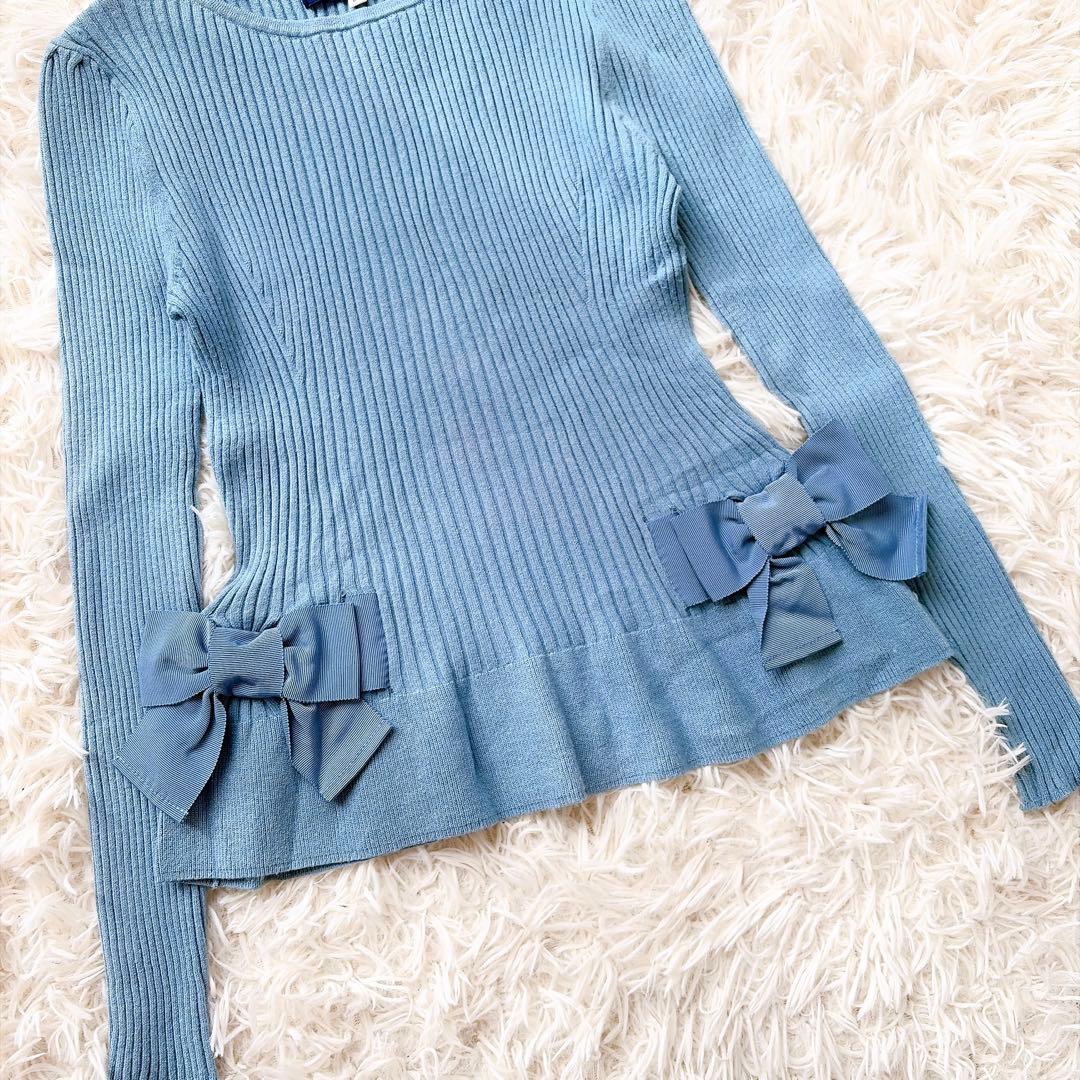 【美品】m's gracy リボンリブニット　パステルカラー　水色