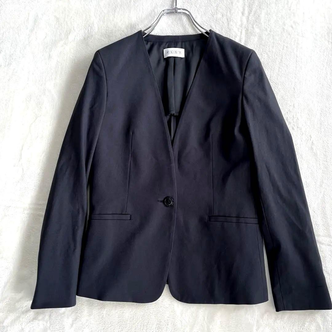 プラステ スーツ XS XXSノーカラー パンツ セットアップ ネイビー 麻混