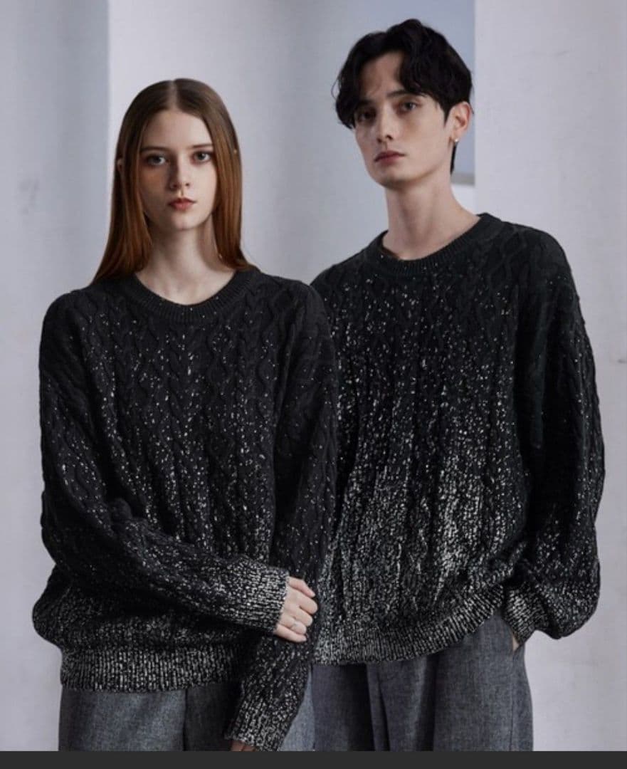 CLEL/箔プリント ケーブルクルーネックニット/ブラック　S