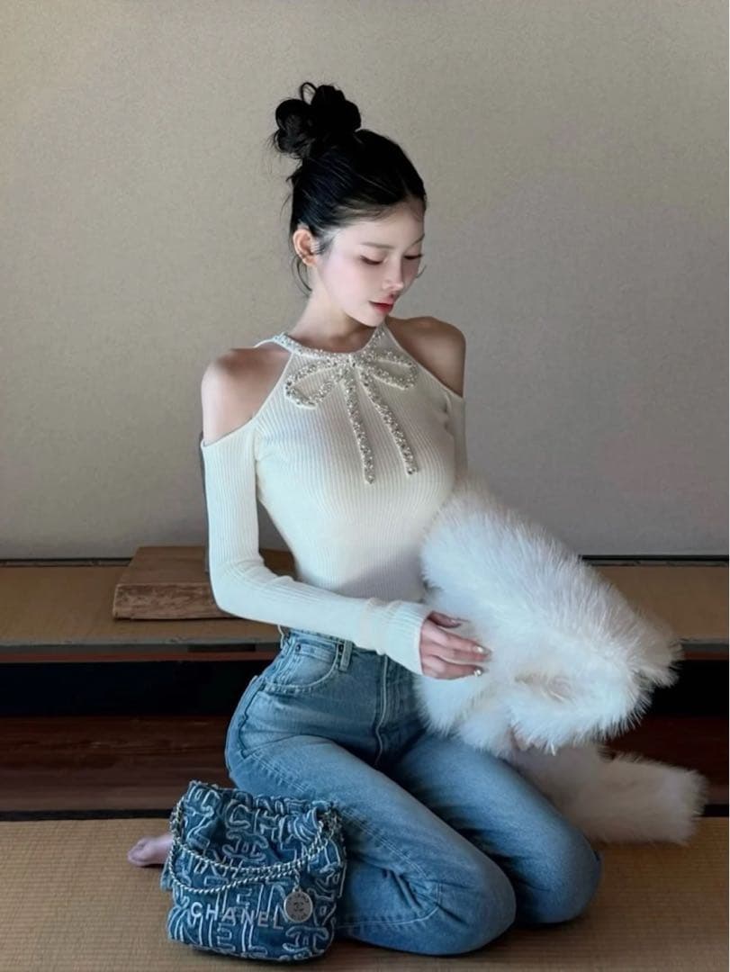 新品タグ付 ダーリッチ アイボリー F リボンビジューアメスリニットトップス