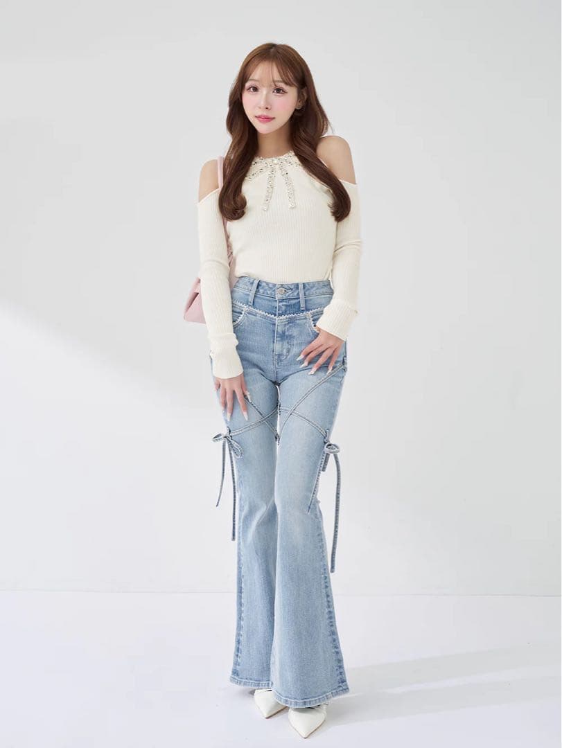 新品タグ付 ダーリッチ アイボリー F リボンビジューアメスリニットトップス