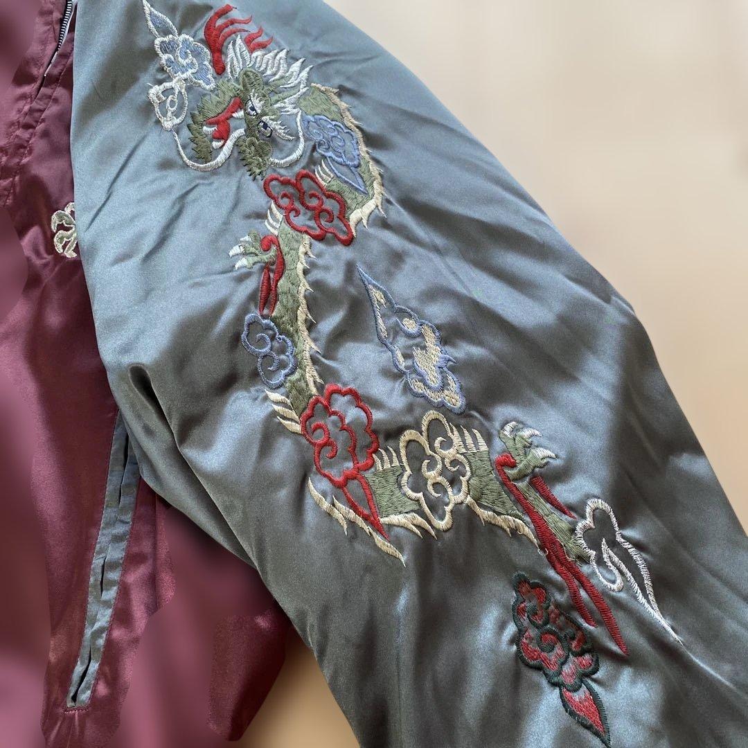 星姫 スカジャン 龍vs黒豹 ワインレッド キルティング 刺繍 3L