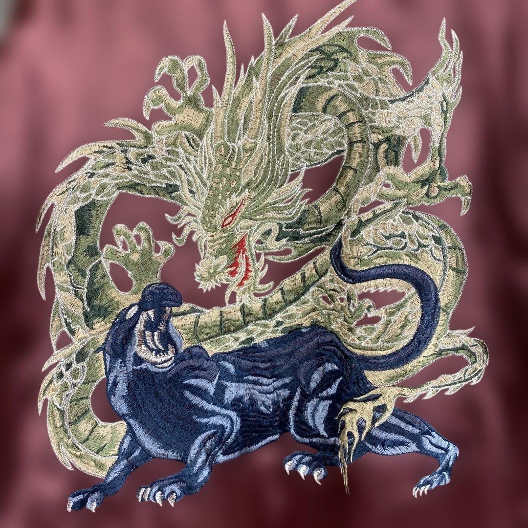 星姫 スカジャン 龍vs黒豹 ワインレッド キルティング 刺繍 3L