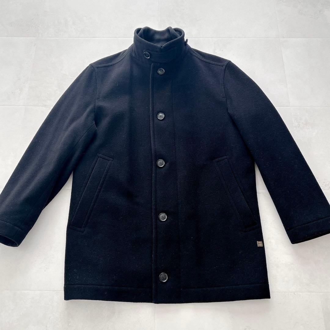 高級✨ヒューゴボス　カシミヤ混レイヤードチェスターコート　ロゴプレートウール黒L