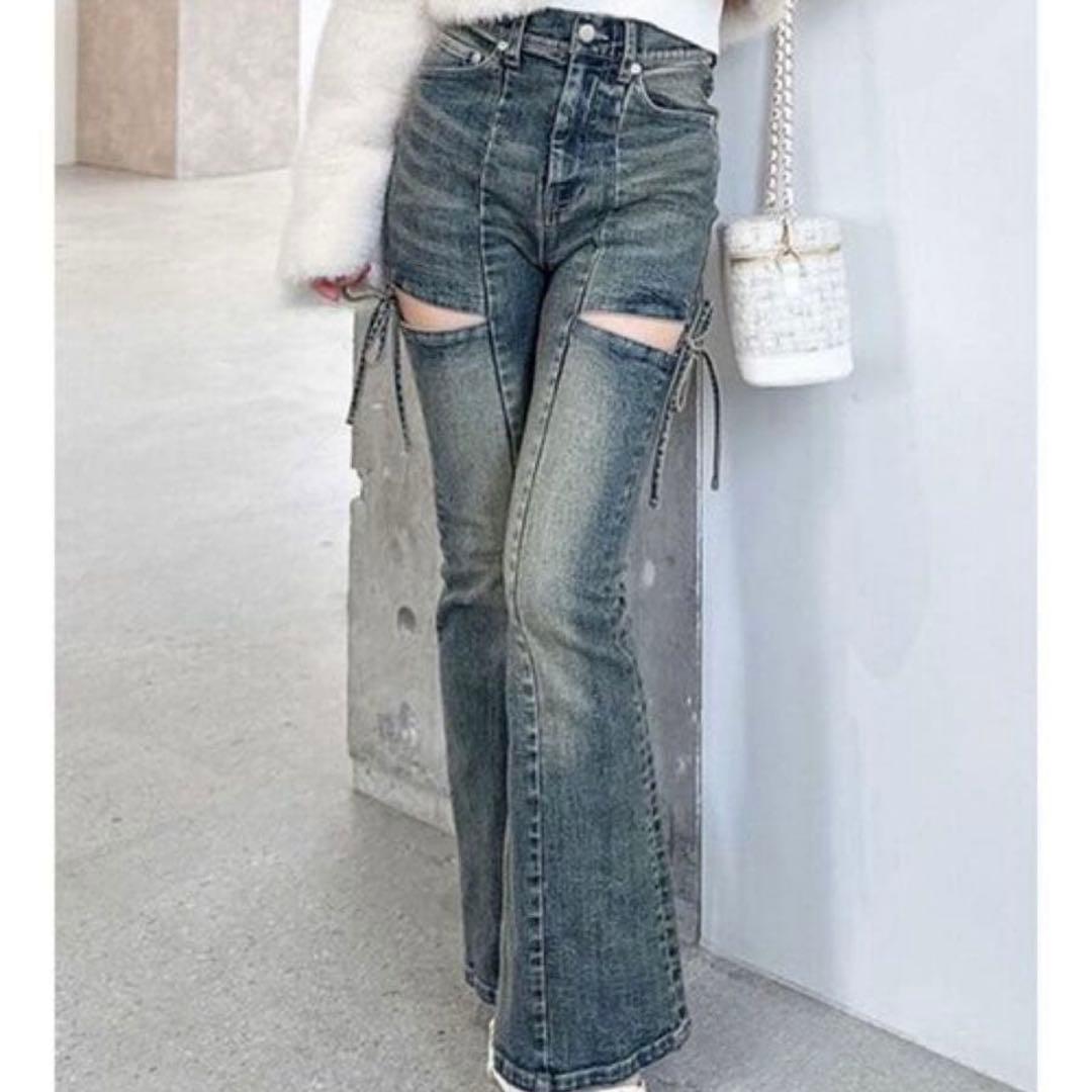 RESEXXY カットアウトリボンデニムパンツ ブルー　S