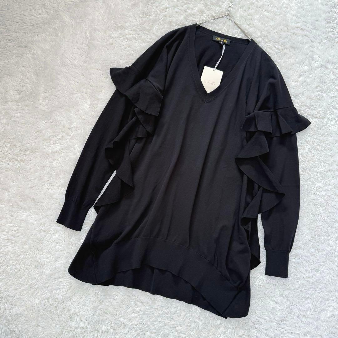 未使用　ドゥロワー 18G コットン Vネック フリル ニット セーター 黒