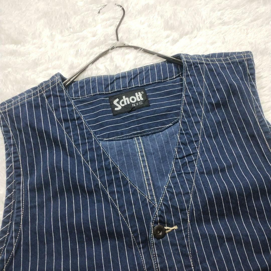 希少☆美品☆Schott　デニムベスト　ヒッコリー　ストライプ　XL　青　ブルー