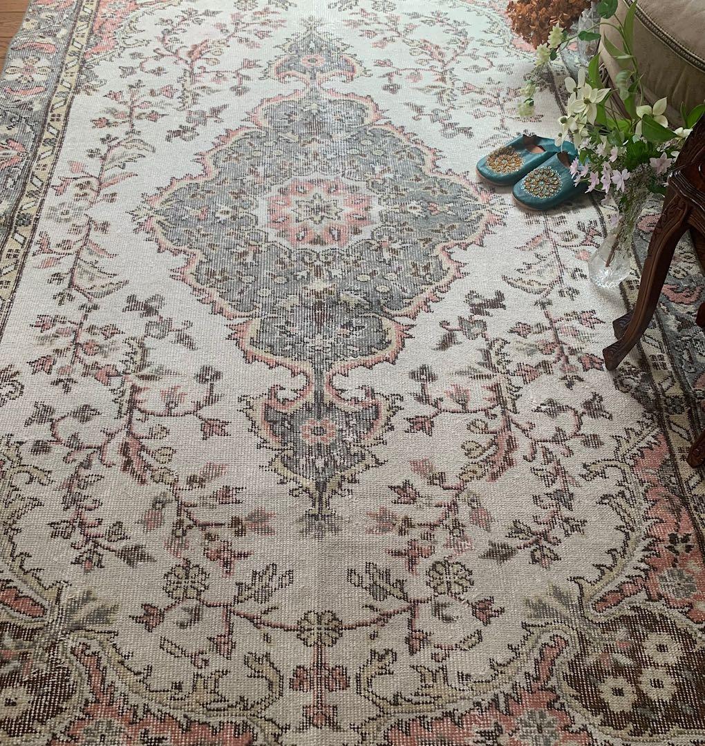 トルコヴィンテージラグ　超大判　272×158 ペールピンク　モスグレーグリーン