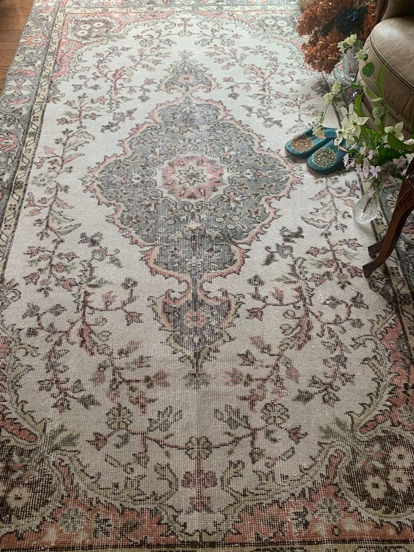 トルコヴィンテージラグ　超大判　272×158 ペールピンク　モスグレーグリーン