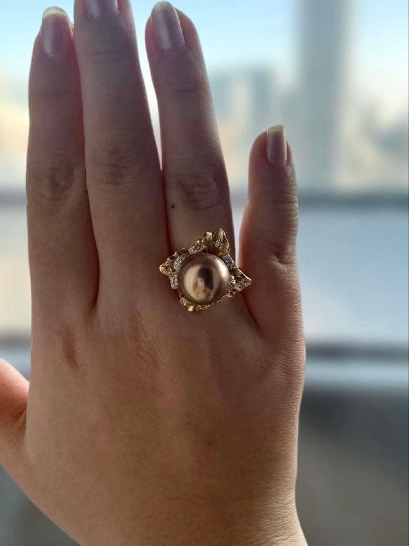 【極光13mm】エジソンパール リング カフェゴールド 18K鍍金 華やか