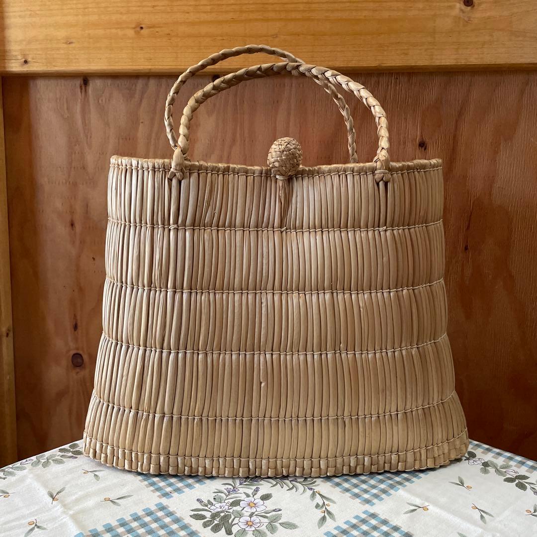 昭和レトロ　岡山　蒜山　がま細工　バッグ　カゴバッグ　手提げ　ひるぜん　古道具