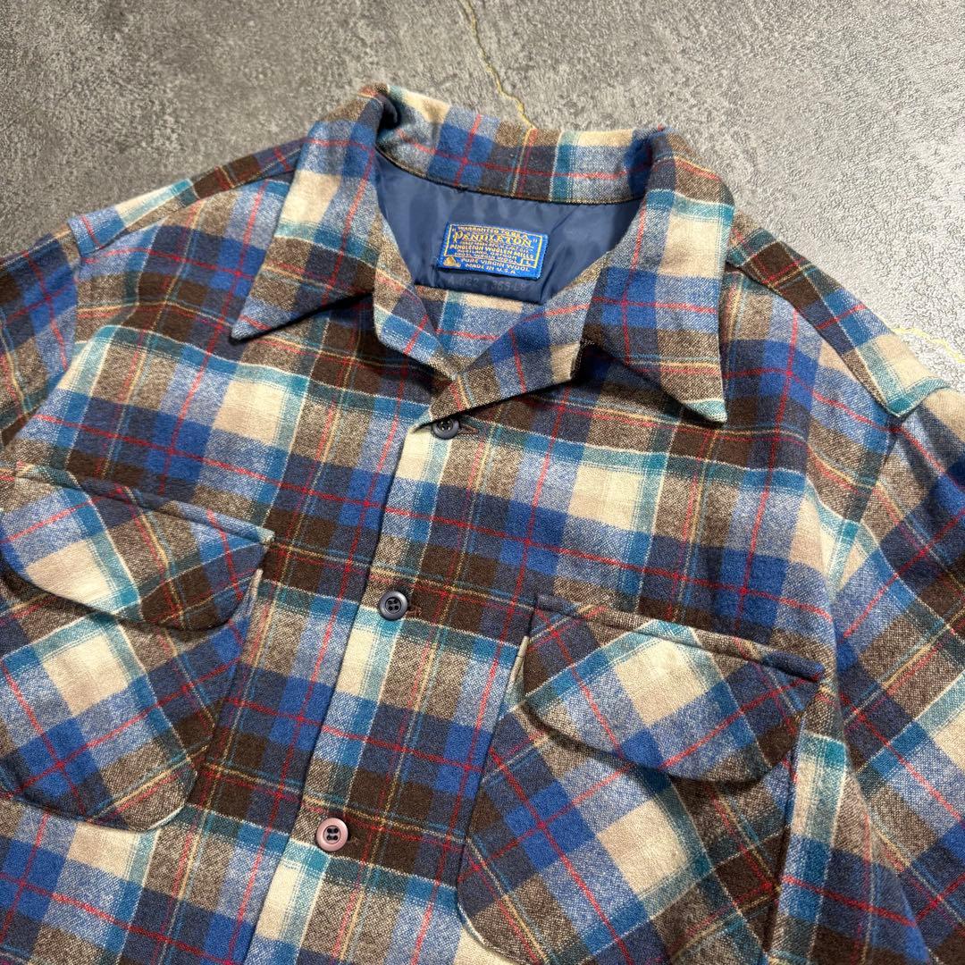 70sUSA製Pendletonペンドルトンボードシャツウールブルーブラウン古着