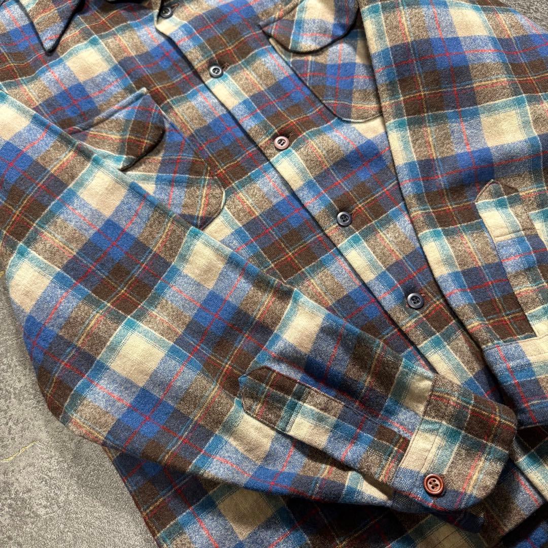 70sUSA製Pendletonペンドルトンボードシャツウールブルーブラウン古着