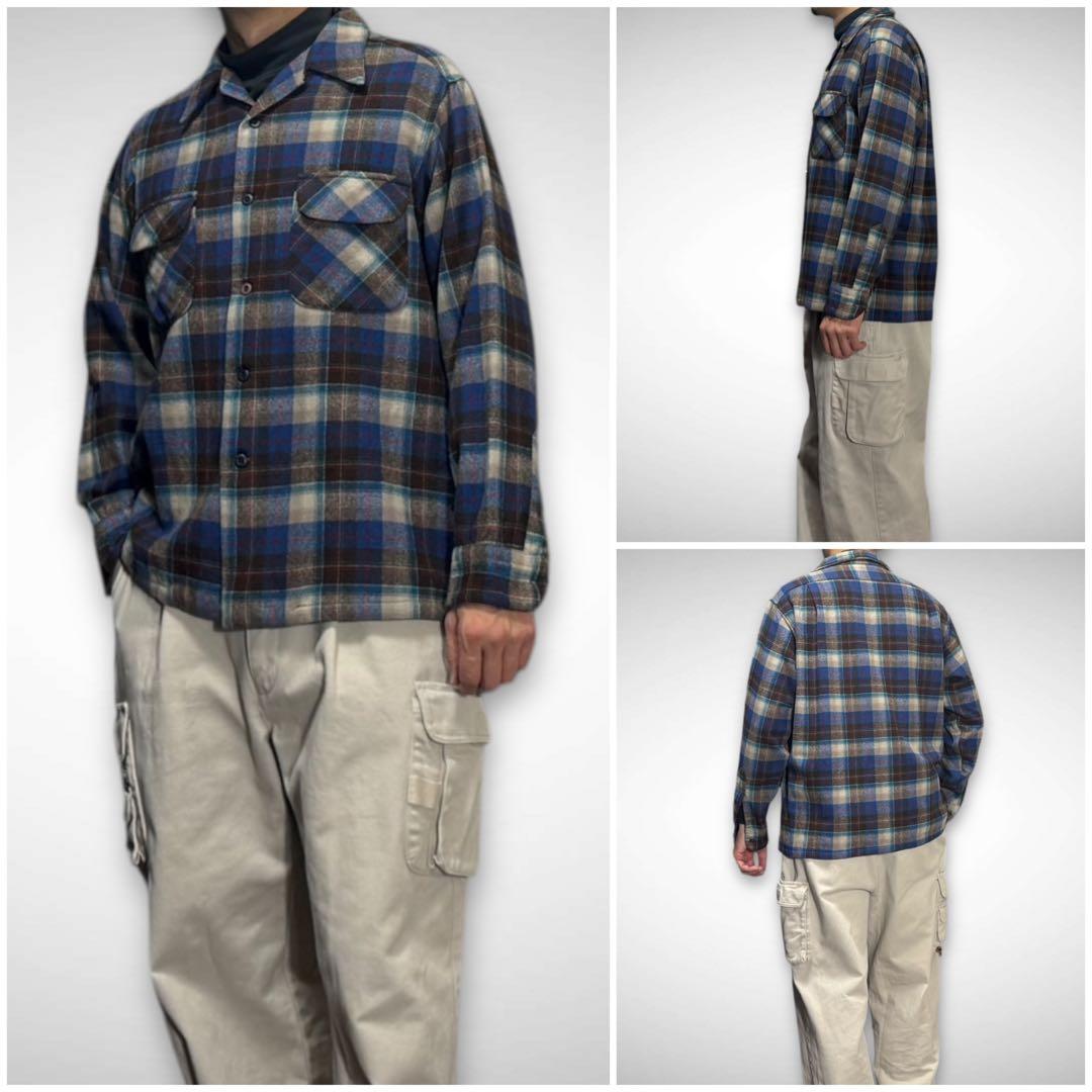 70sUSA製Pendletonペンドルトンボードシャツウールブルーブラウン古着