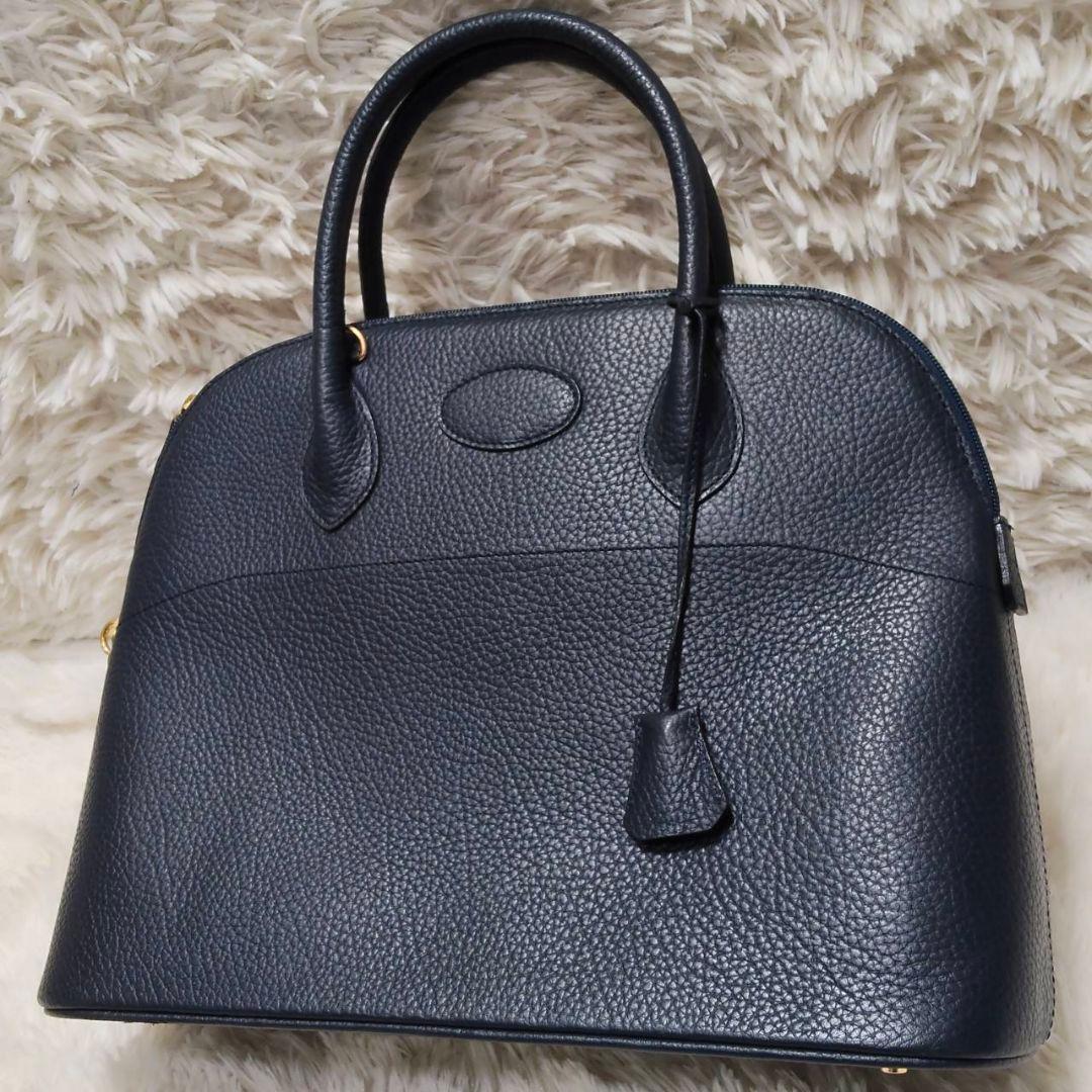 ヘンリーハイクラス レザー 本革 ハンドバッグ 自立 ネイビー 美品